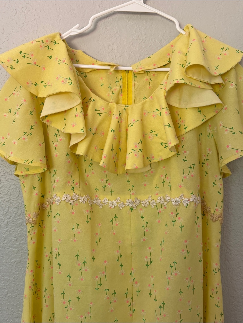 Vintage 1960s 1970s Sunny Yellow Ruffle Neck Maxi Dress - Picture 2 of 9